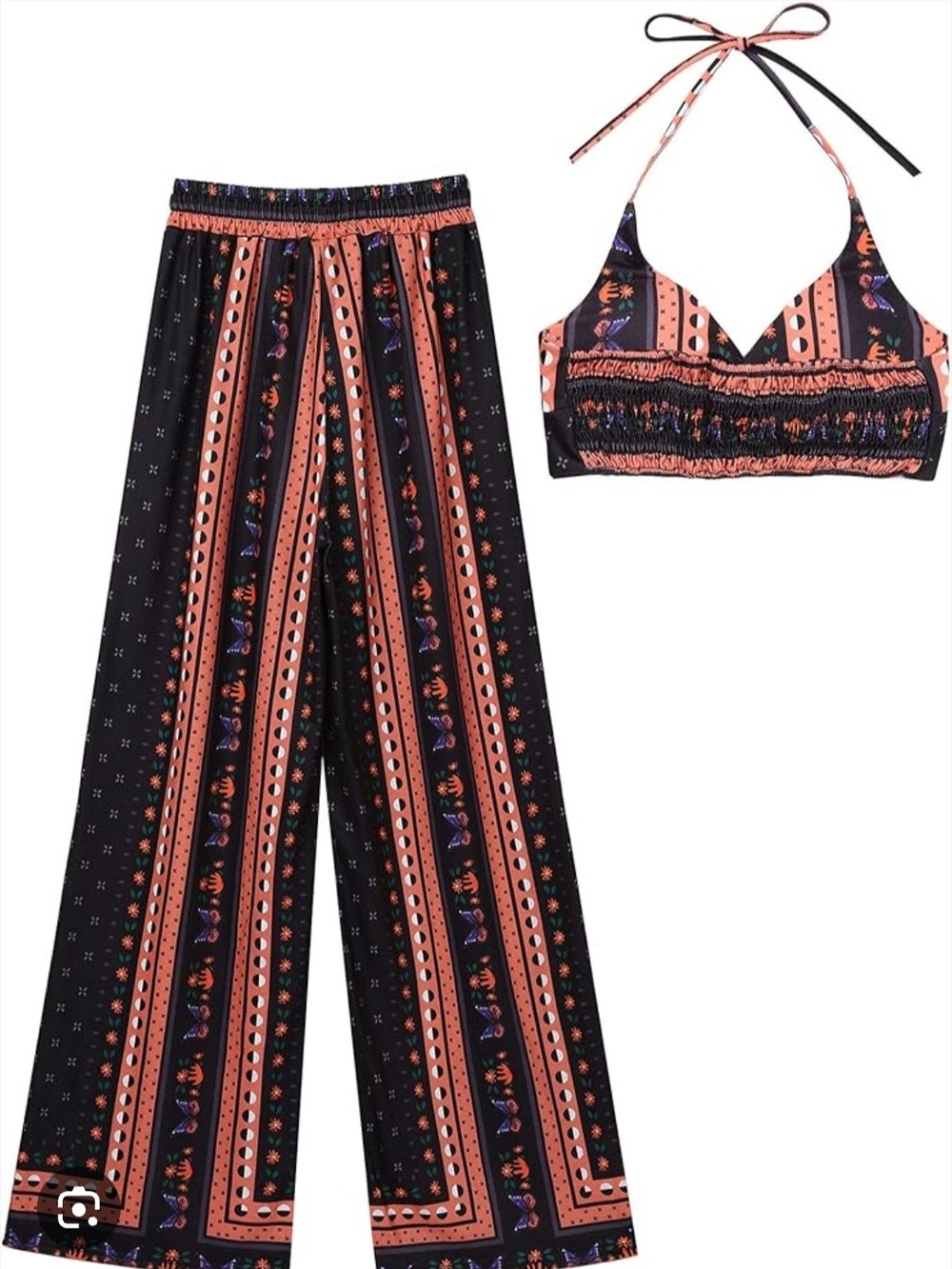 SHEIN Black and Coral Printed Wide-Leg Pants with Matching Halter Crop Top